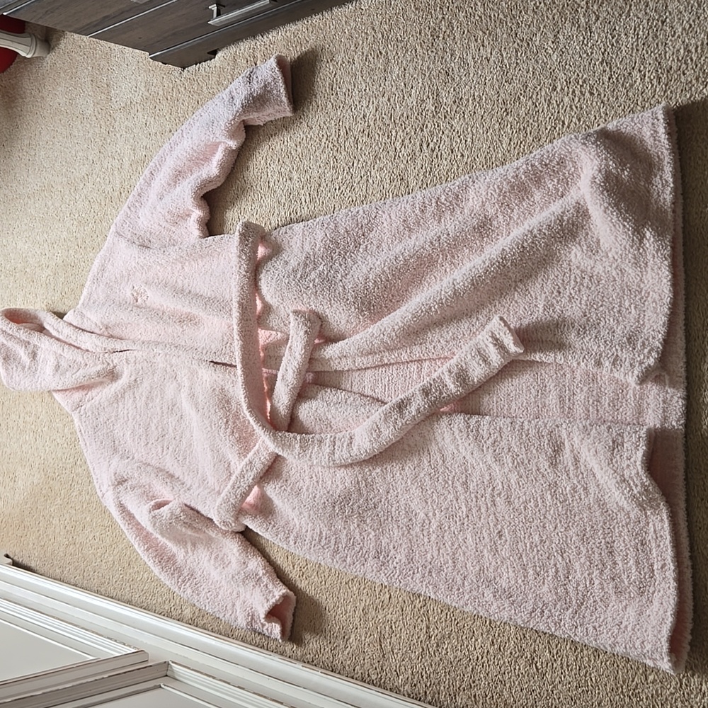EUC Victoria's Secret Chenille Hooded Long Robe Light Pink Sherpa Hooded Tie M/L
